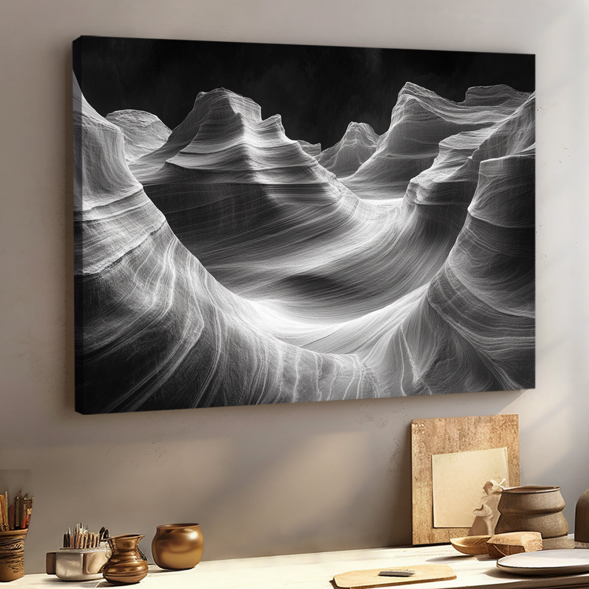 Ethereal Waves Monochromatic Abstract Canvas Wall Art