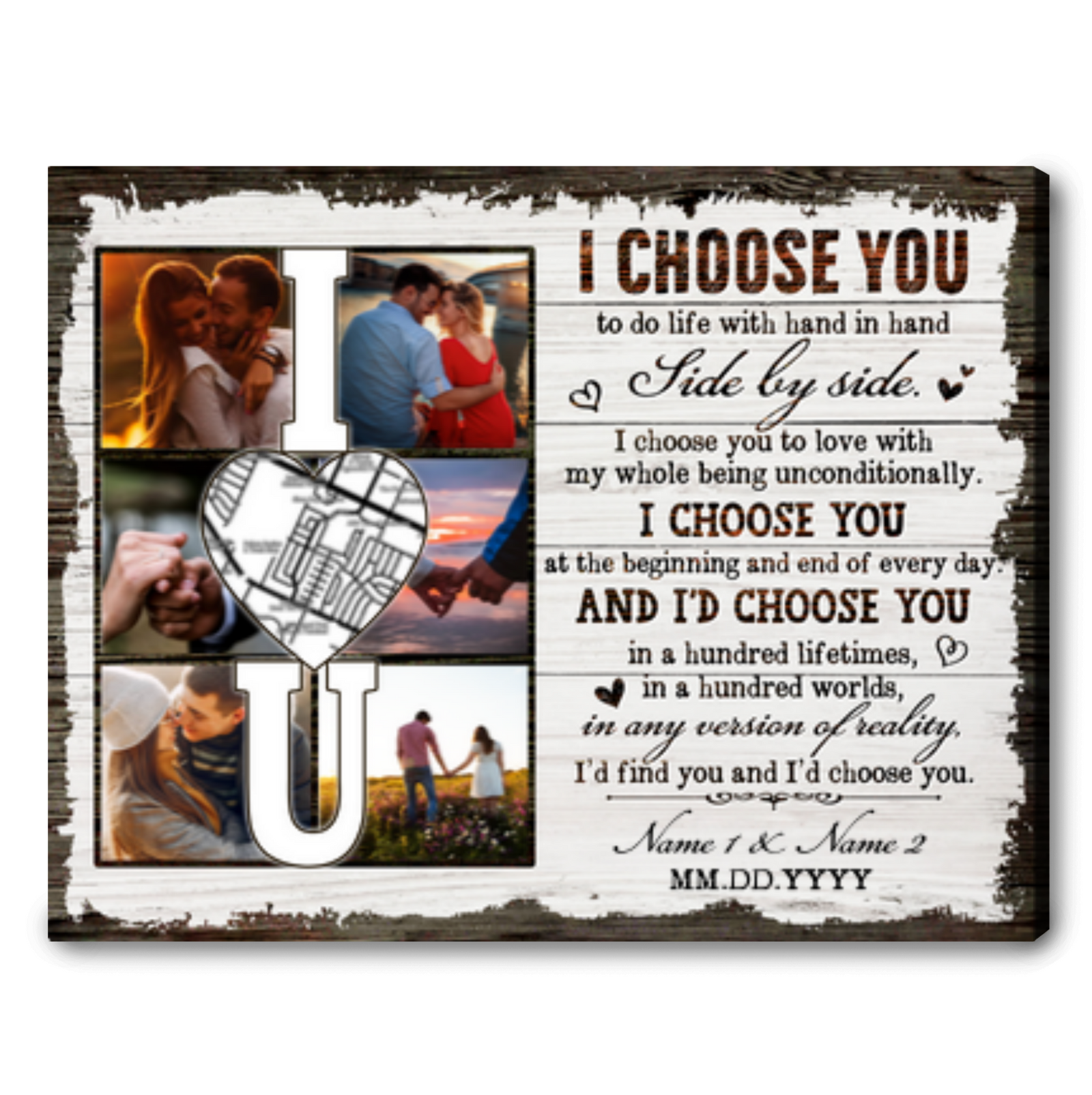 Anniversary Gift Couple Heart Map Custom Map and Picture Canvas Print 