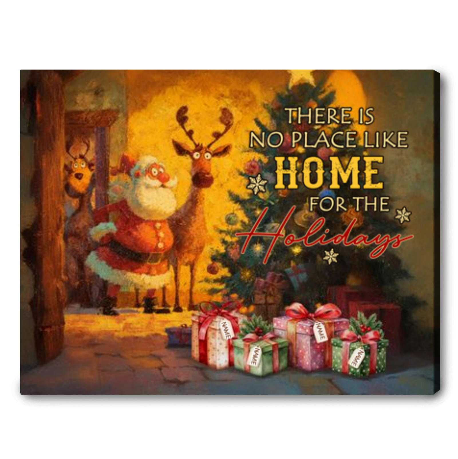 The joy of Christmas is family – Personalized Santa & Reindeer Christmas Canvas Wall Art