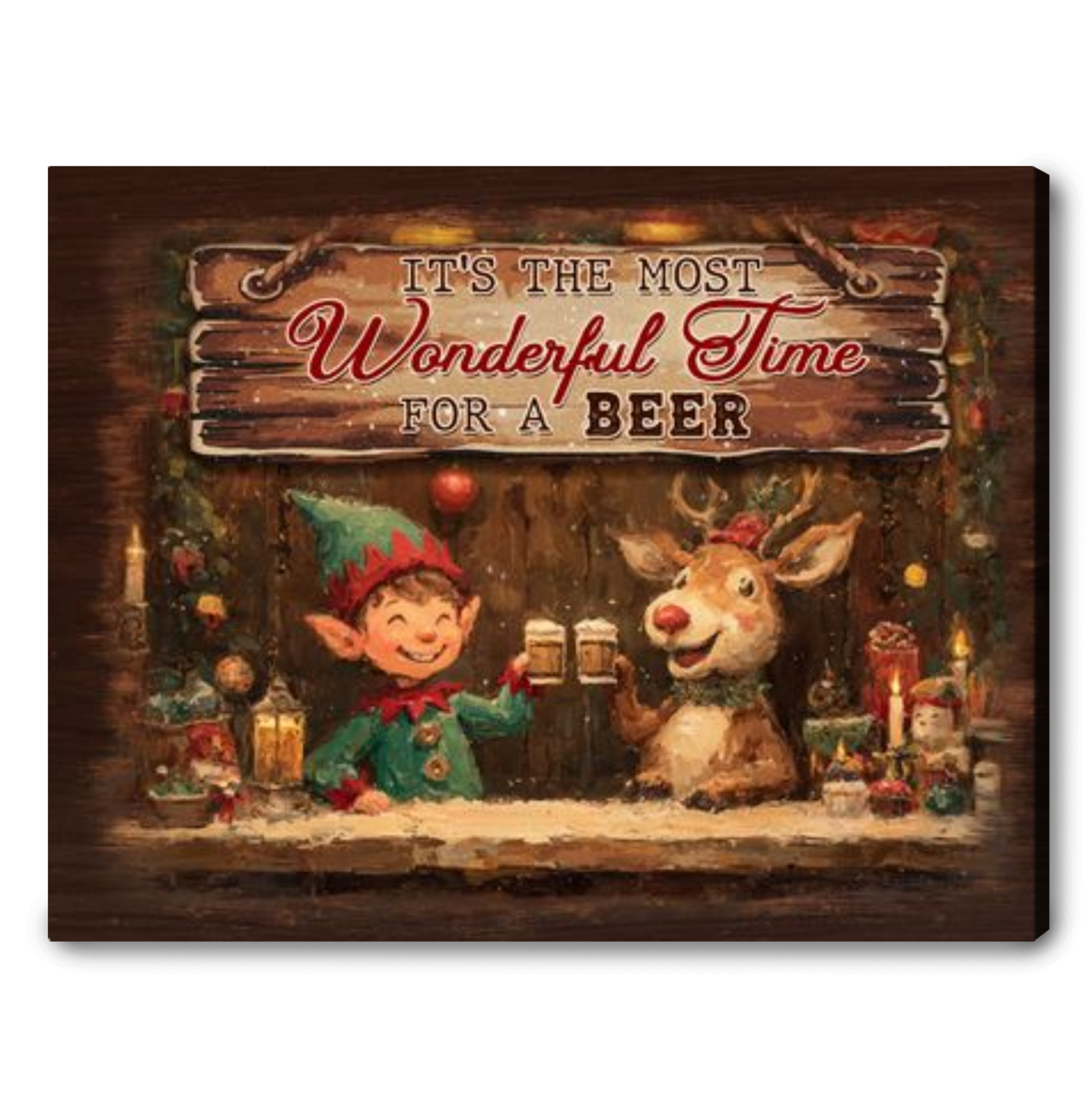 It’s The Most Wonderful Time For A Beer – Personalized Elf & Reindeer Christmas Bar Canvas Wall Art