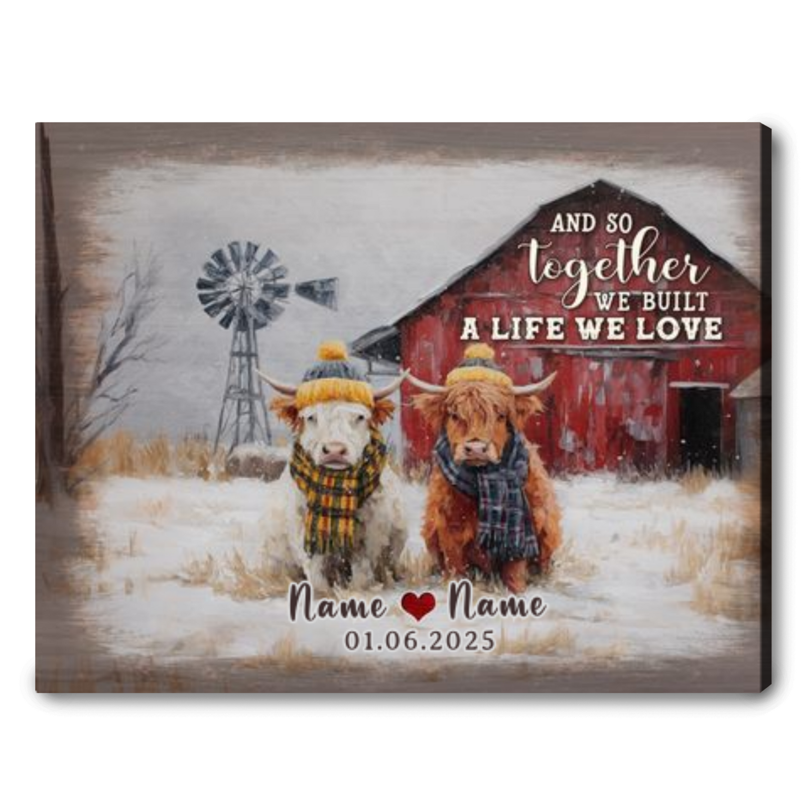 Personalized Together We Built A Life Canvas – Highland Cow Winter Barn Gift for Couple Wall Art