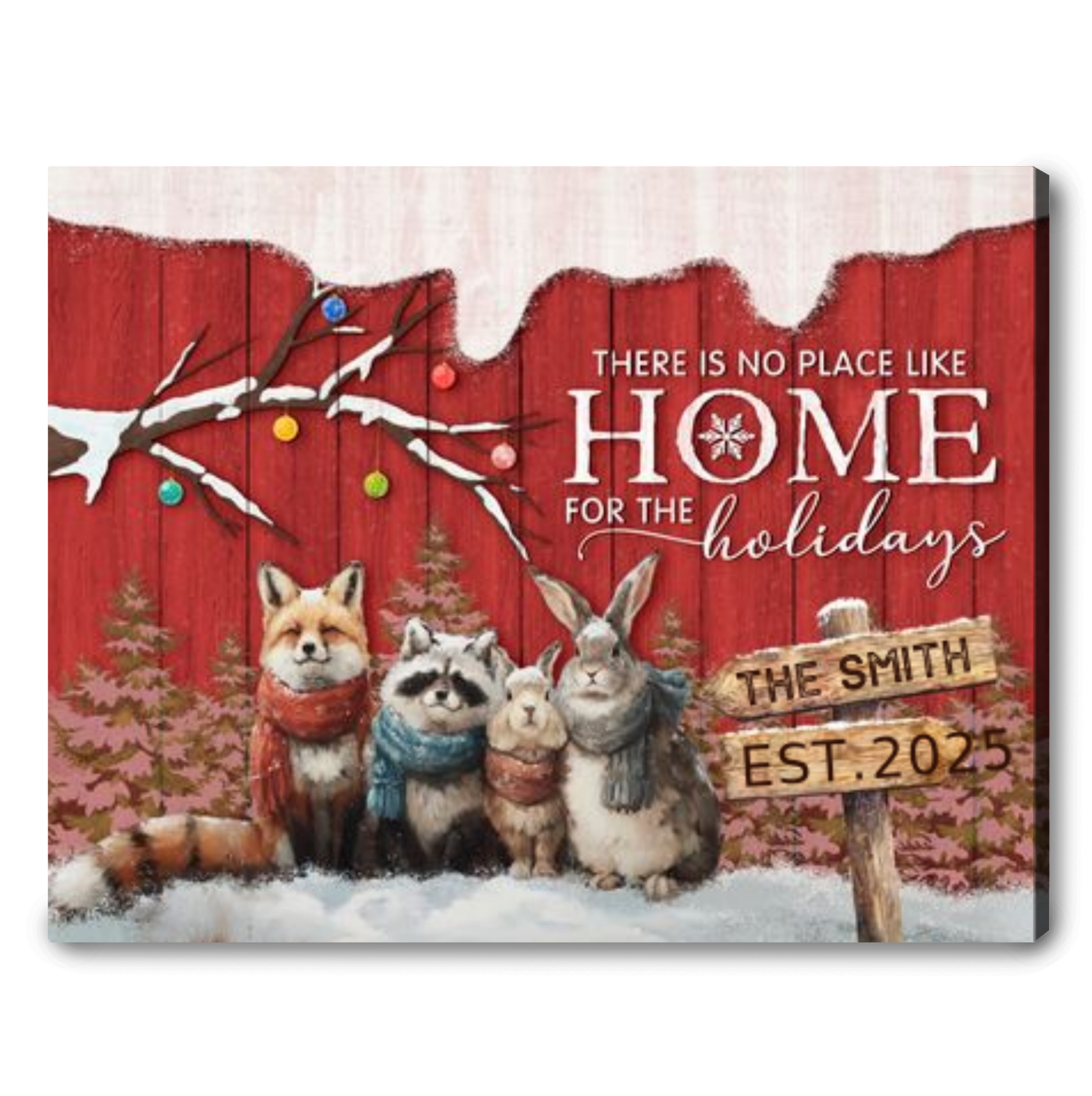 There Is No Place Like Home For The Holidays – Personalized Woodland Animal Christmas Canvas Wall Art