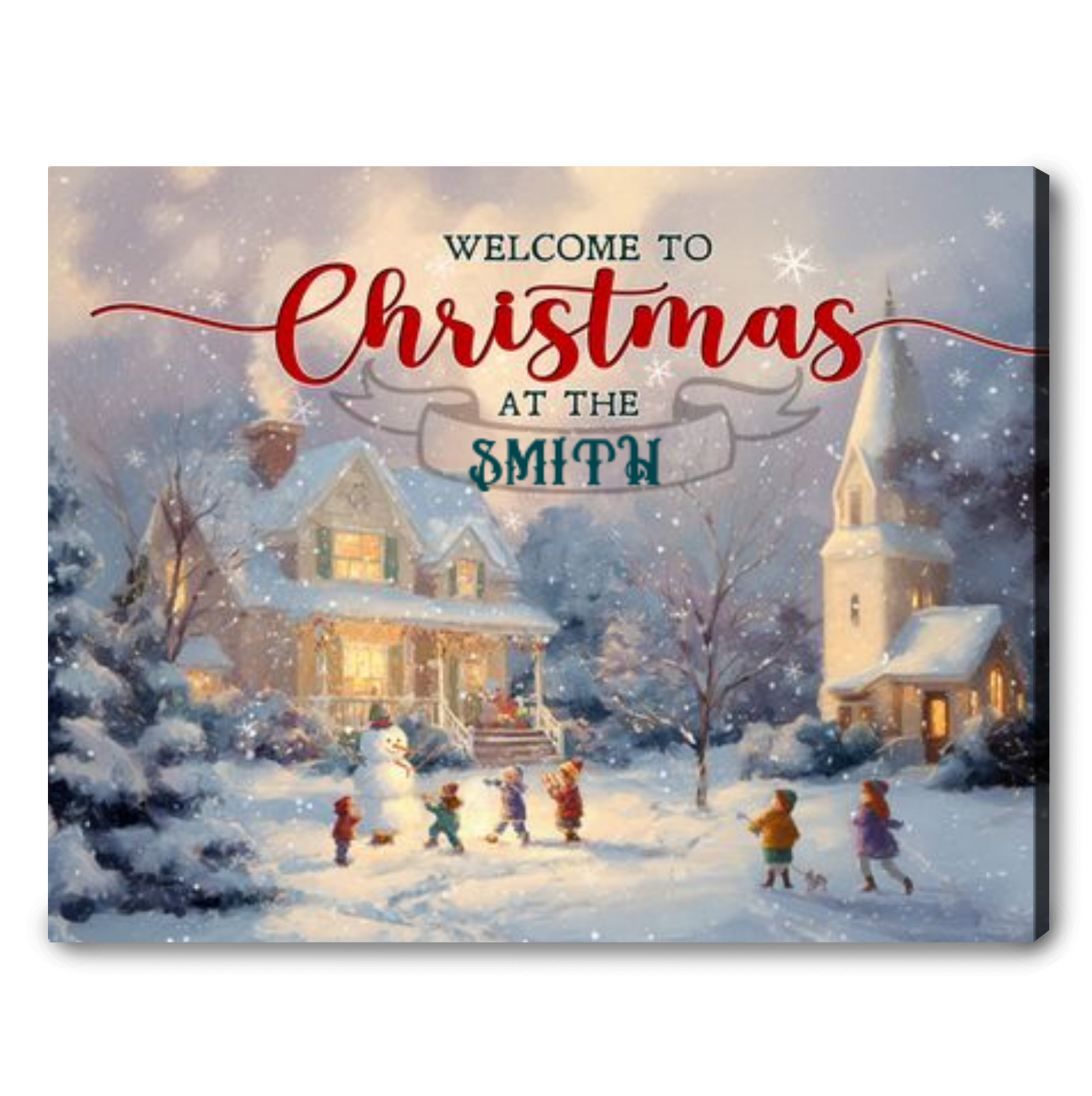 Personalized Winter Village Family Name Christmas Canvas Wall Art