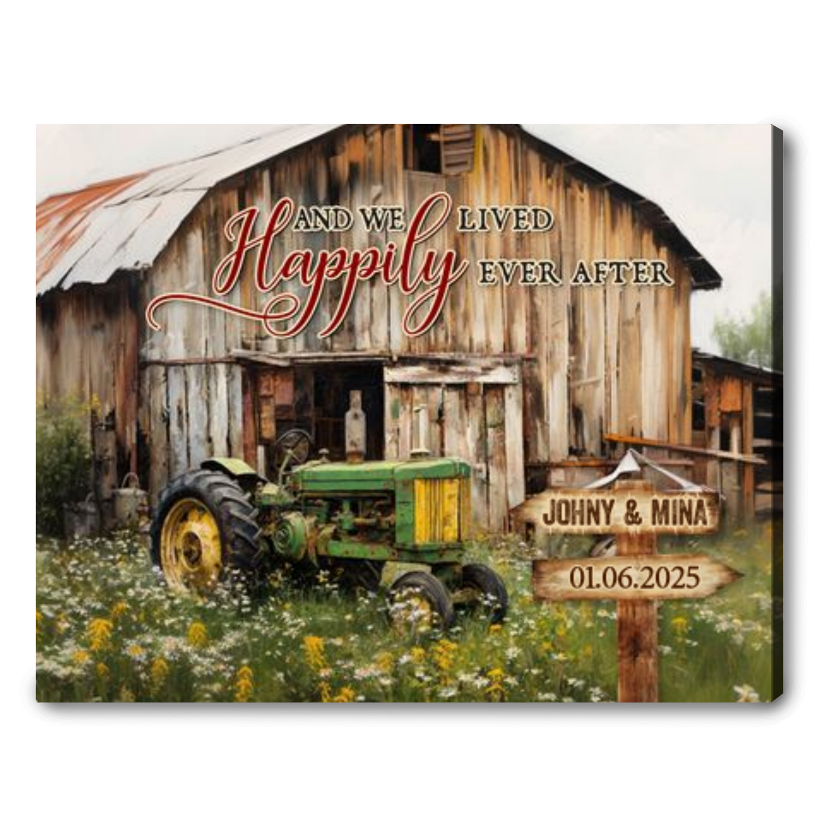 Personalized We Lived Happily Canvas – Couple Barn and Tractor Gift for Valentine Wall Art