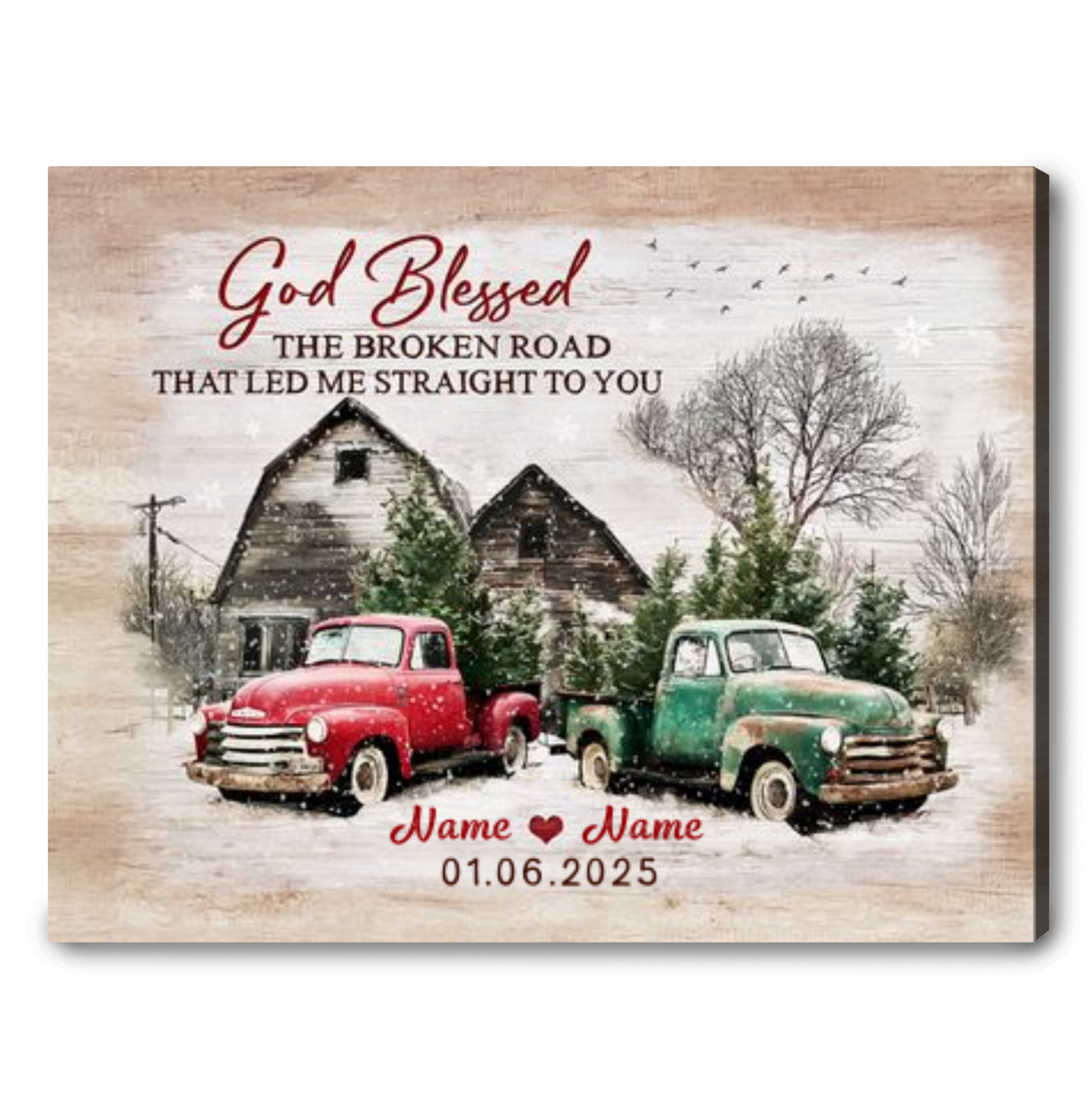God Blessed The Broken Road – Personalized Couple Vintage Truck Christmas Canvas Wall Art