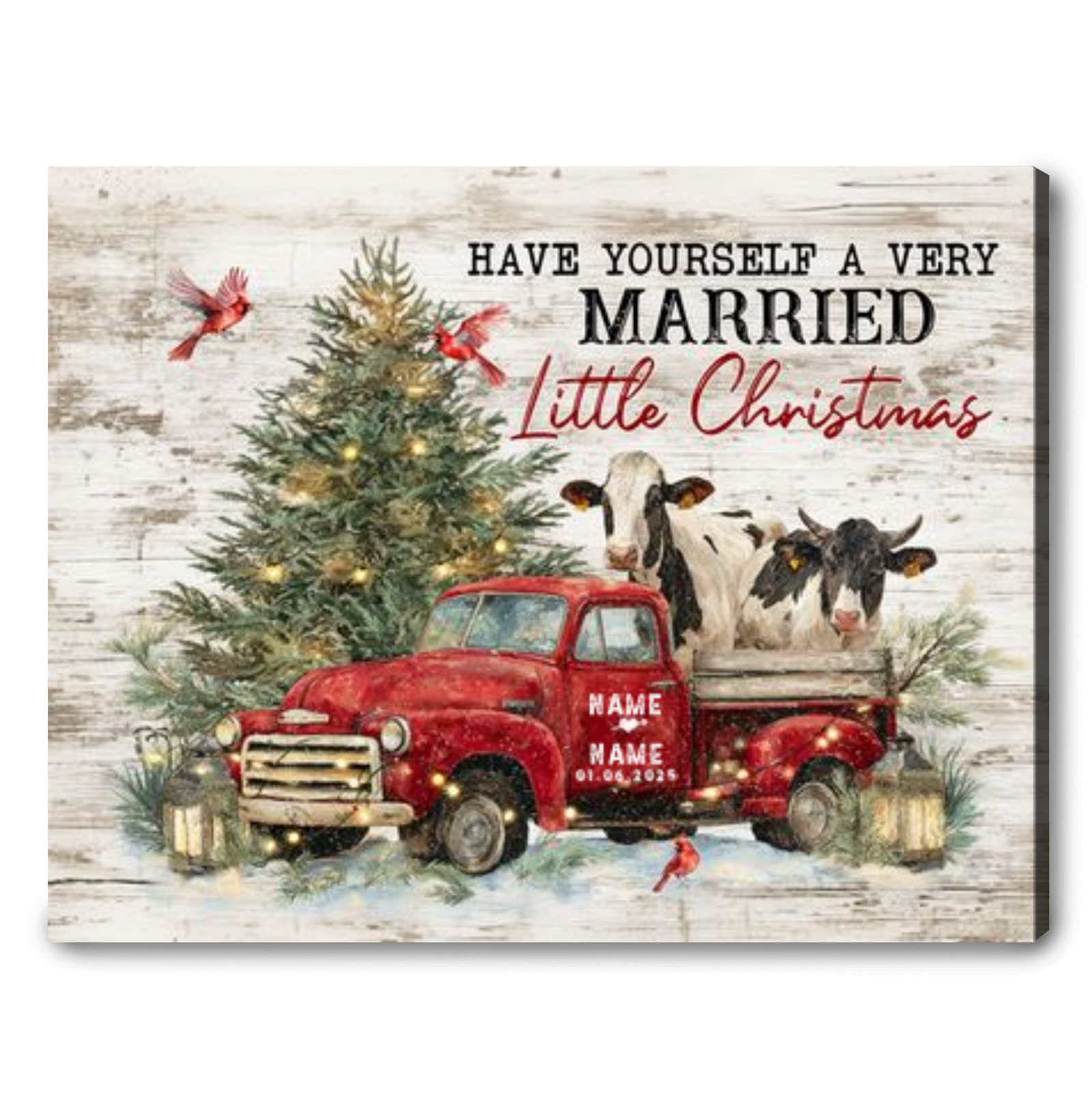 Personalized Married Little Christmas Canvas – Red Truck Christmas Gift for Couple Wall Art
