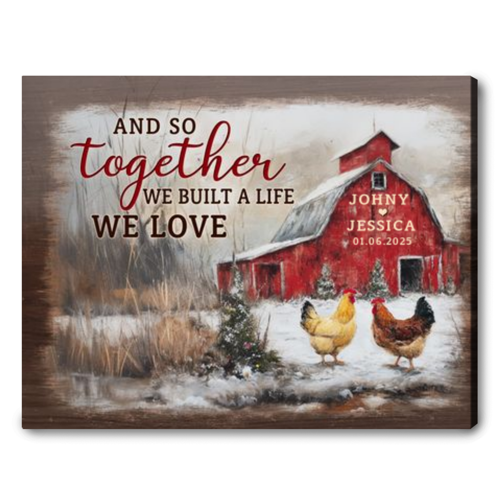 And So Together We Built a Life We Love – Personalized Couple Red Barn Winter Canvas Wall Art