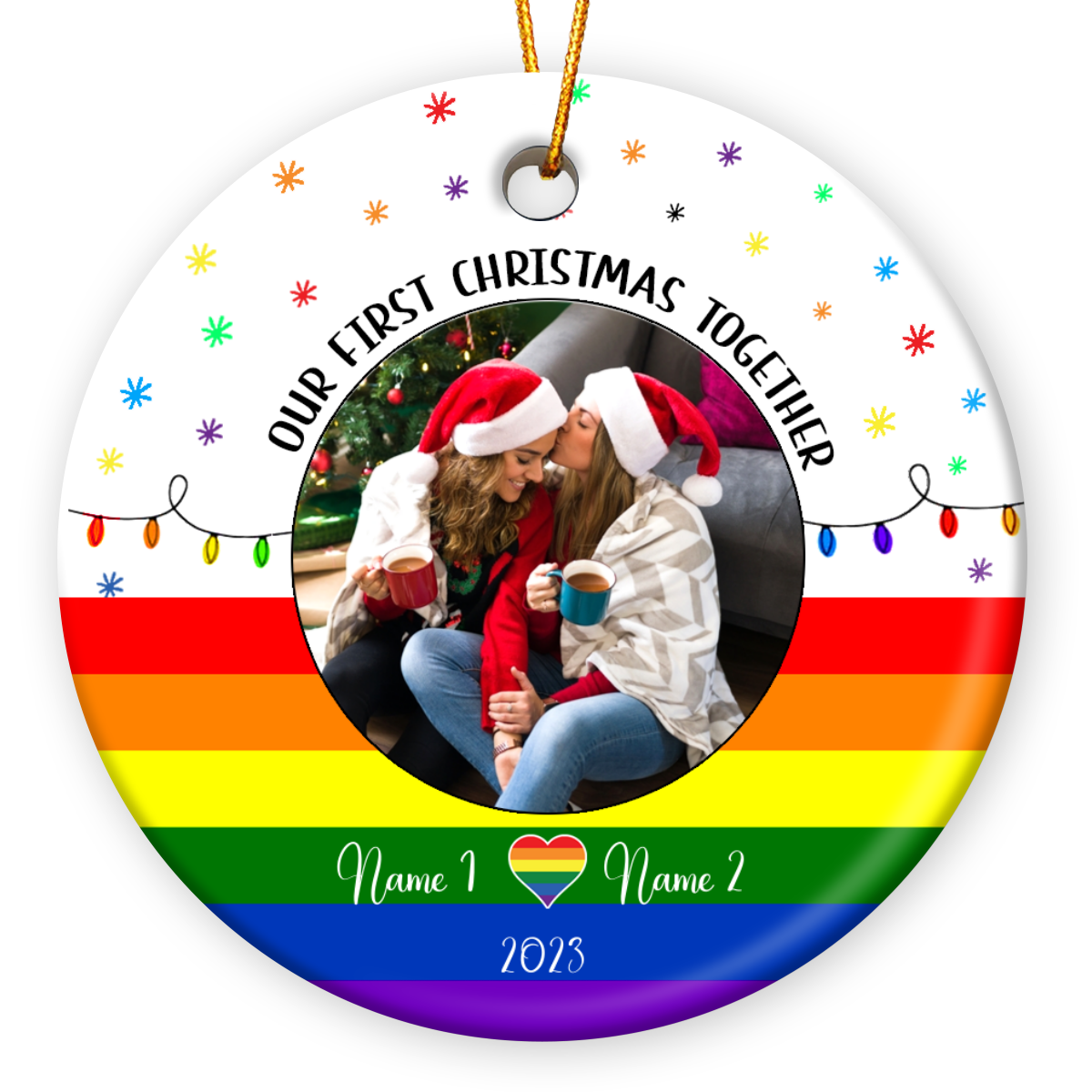 Custom Couple Les Rainbow Gift LGBT Christmas Ceramic Ornament 